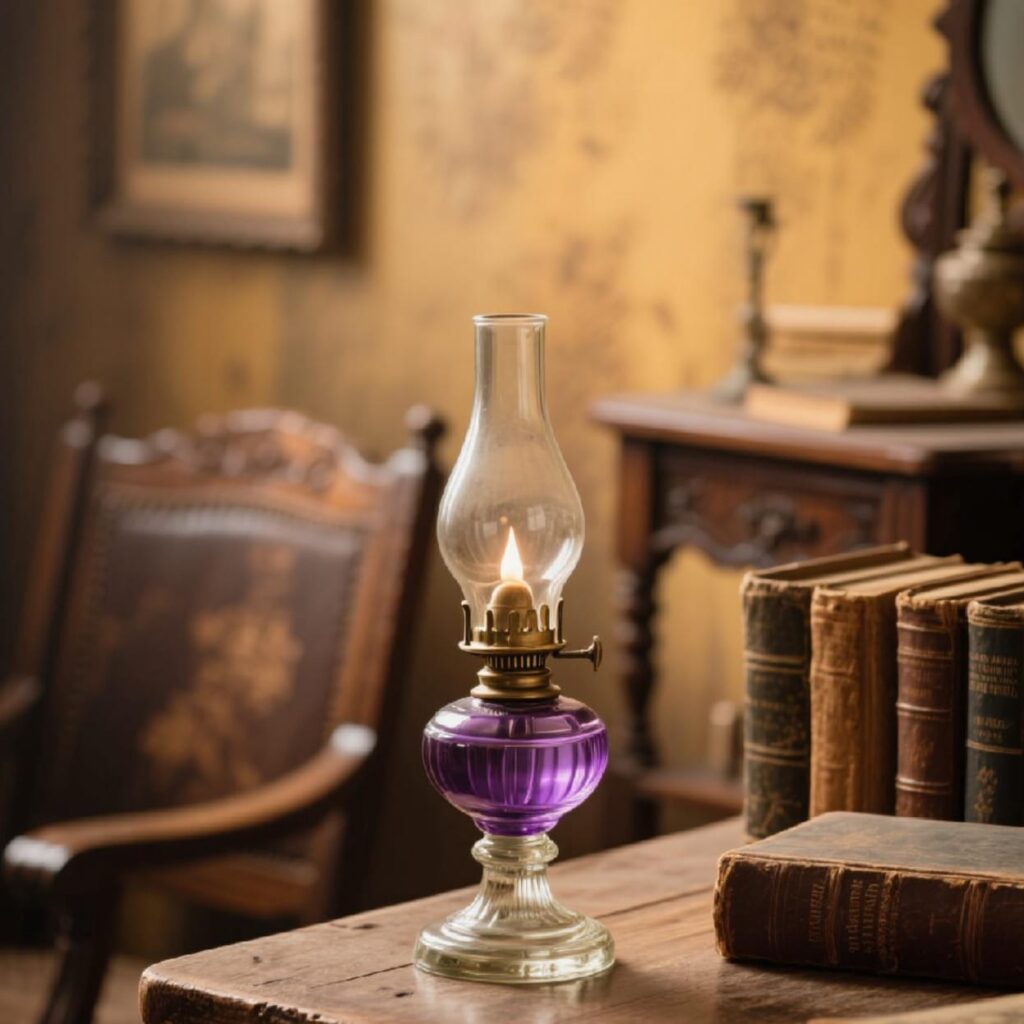 lampu minyak model retro ada di atas meja