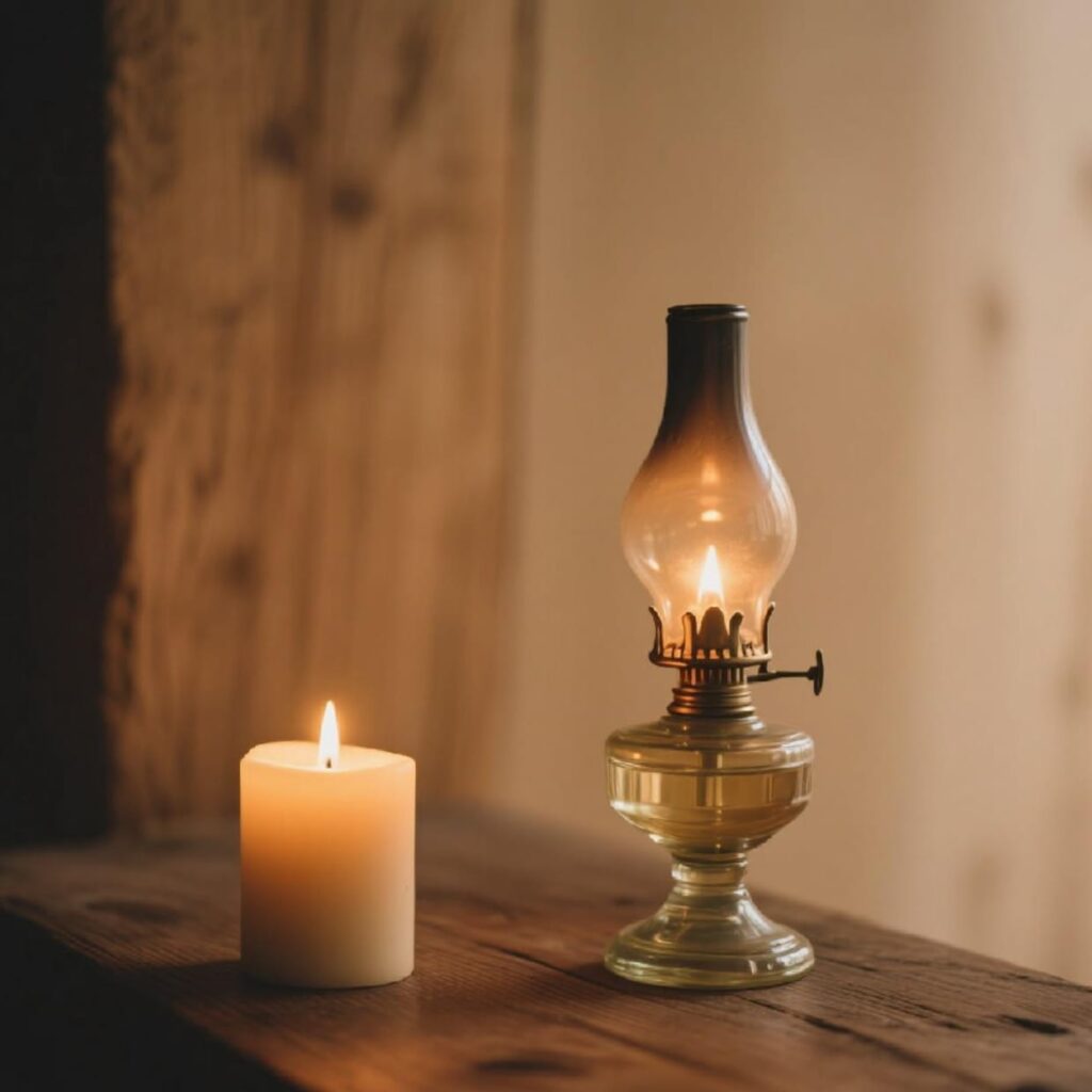 lampu teplok minyak dengan lilin disamping