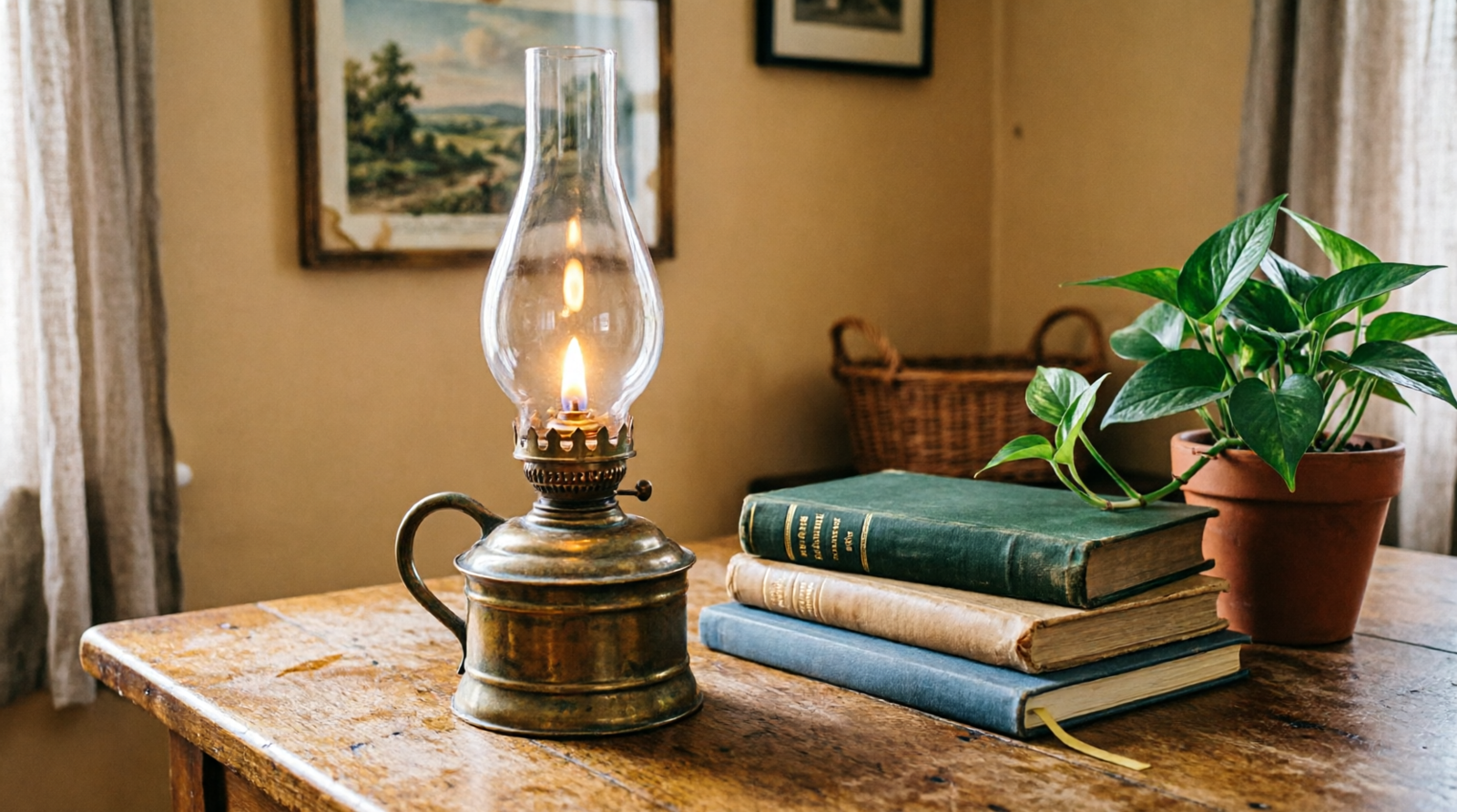 sebuah lampu teplok vintage berbahan kuningan dan kaca bening yang menyala dengan api hangat dan bersih, diletakkan di atas meja kayu rustic bersama tumpukan buku bekas dan tanaman kecil. Pencahayaan yang lembut dan atmosfer yang cozy sangat cocok untuk menggambarkan suasana artikel Anda tentang keindahan dekorasi lampu teplok dengan minyak parafin yang bersih dan estetis.