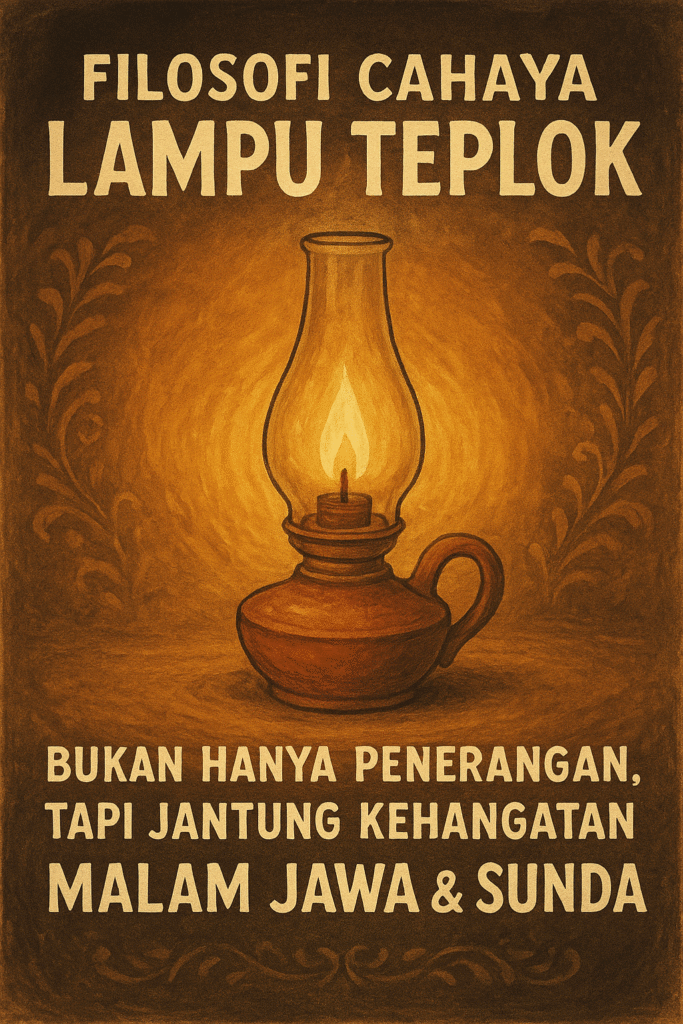 Ilustrasi lampu teplok tradisional Jawa dan Sunda dengan cahaya kuning hangat sebagai simbol filosofi penerangan dan kehangatan malam dalam budaya Nusantara